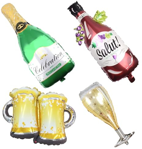 Champagne Foil Balloon, Pack of 4 Giant Wine Bottles Beer Balloons, Whisky Bottle Wine Glass Foil Balloon for Anniversary, Birthday, Holiday, Wedding, Beer Theme Party, Wedding, Festival