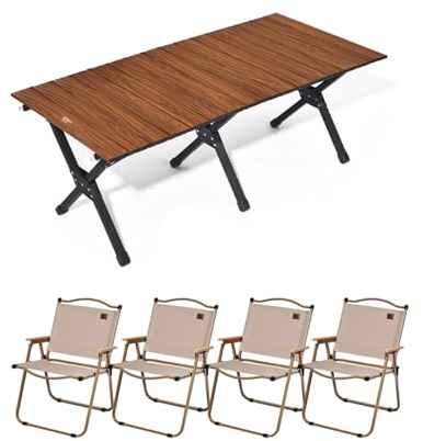 HBOOMOEM Robuster Tisch Und StüHle Im Freien Set ，Faltbarer Campingtisch Und StüHle Set，Wird Mit Einer Tragetasche Geliefert, Geeignet FüR Picknicks, Camping Und SträNde.(120CM+4 heightened Chairs)