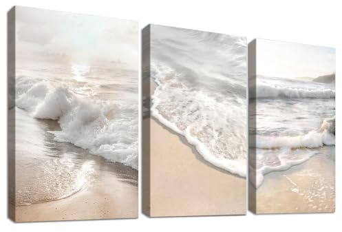 Set of 3 Alba Sulla Spiaggia Stampa su tela Con Cornice Onde dell'oceano Pittura Quadri su tela Paesaggio Marino Costiero Quadri Moderni Camera da Letto Soggiorno Decorazioni Murale 30x40cm x3pcs