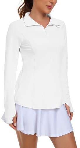 IWOLLENCE Running Top Womens UPF 50+ UV Loose Fit Ladies Golf Sports Tops Workout Gym Clothes Long Sleeve Rash Vest 1/4 Zip Activewear with Thumb Holes and Right Side Pocket (White, M)