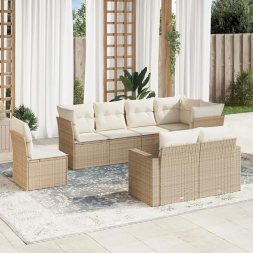 Frdhee Meubles de terrasse salon d'extérieur 8 pièces avec coussins beige en polyrotin - Groupe de bancs d'angle pour balcon, cour et terrasse