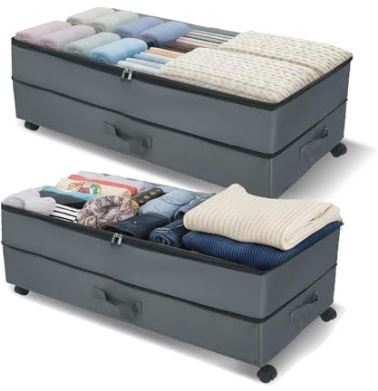 2 pezzi di cassettiere sotto il letto regolabili con rotelle, cassettiere sotto il letto XXL 63-90 L e 3 maniglie, scatola portaoggetti con coperchio, scatola portaoggetti con coperchio, tessuto per