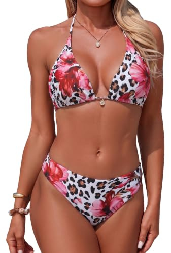 Wantonfy Bikiniset för kvinnor, V-ringad tvådelad baddräkt, baddräkt, blommönster, bikini, push-up, bikini, blommönster för strand, pool, semester
