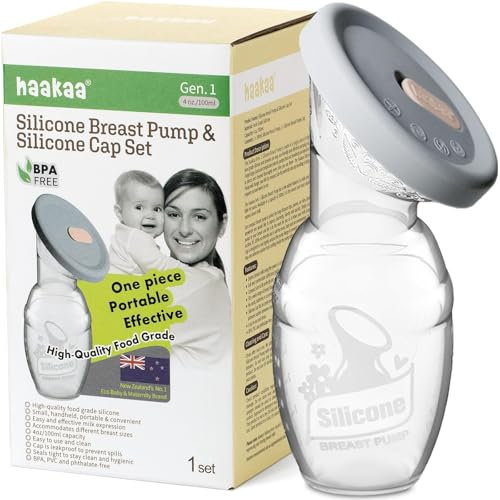 haakaa Manual Breast Pump – Patented Silicone Milk Collector, Continuous Natural Suction, Hands-Free & Silent Operation, Spill-Proof with Silicone Cap, 4oz/100ml Gray