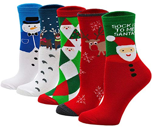 LOFIR Calze Natalizie da Donna Fantasia Calzini del Pupazzo di Neve, Divertenti Calzini da donna con Motivo Animali in Cotone, taglia 35-41, 5 paia
