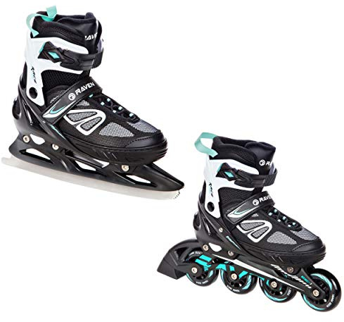 RAVEN Advance 2in1 Pattini da ghiaccio Pattini in linea Inline Skates per bambini e adulti regolabili (Black/Mint, 35-39 (23cm-25,5cm))