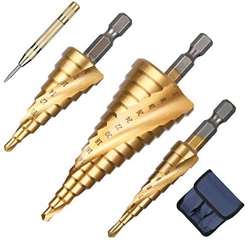 flintronic 3Pcs Spiral Grooved Step Drill Bit Set with 1 Automatic Center Punch, 4mm to 12/20/32 mm (5/32 to 5/4) HSS Titanium Coated, Hex Shank Metric Cut Tool for Wood, Stainless Steel,Metal Sheet