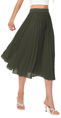 Durio Midirock Damen Faltenrock Plissee Damenrock Leicht Casualrock Chiffon Röcke A-Linie Grün 38(Tag Size M)