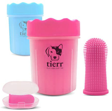 tierr Pfotenreiniger für Hunde | Entfernt Schmutz von Hundepfoten | Gründliche Reinigung mit weicher Bürste | spülmaschinenfest (Pink, Größe S + Hundezahnbürste)