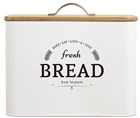 Extra Large White Farmhouse Bread Box for Kitchen Countertop - Breadbox Holder Fits 2+ Loaves - Bread Storage Container Bin - Rustic Bread Keeper Vintage Metal Kitchen Decor (White with Wood Lid)