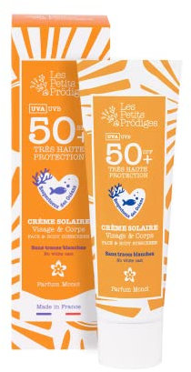 LES PETITS PRODIGES Creme Solaire SPF 50+ Visage & Corps - Invisible - Haute Protection UVA, UVB - Hydratant & Apaisant - Senteur Monoï - Flacon Aluminium Recyclable - Fabriquée en France - 50ml