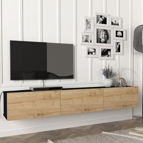 [en.casa] Fernsehschrank Vihti mit 3 Staufächern Lowboard 180x31x29,5cm Hängeboard schwebend Schwarz/Eiche