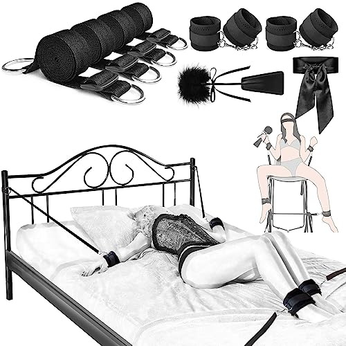 Sex Bondage Restraints BDSM Toys, Selver Versatile Bed Restraints Couple Sex Toys with 4 Separate Straps, Bondage Cuffs, Blindfold, Feather BDSM Kit