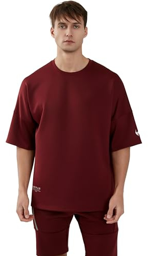 WORWE Camiseta de Manga Corta Oversize para Hombre Sports Fashion Estilo Hombro Gran caido Transpirable Secado Rapido Cuello Redondo Gym Deportiva Moda Calle（L,Rojo Vino）