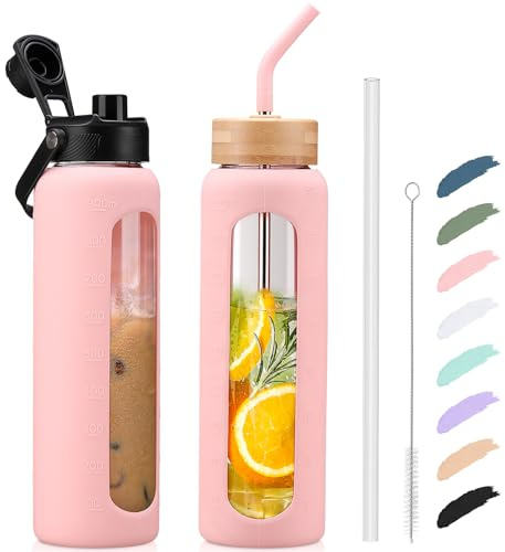 Kodrine 32oz Glass Water Bottle with Straw, Glass Drinking Bottle with 2 lids-Bamboo and Spout Lid, Leakproof Daily Water Intake Bottle with Time Marker for Home,Outdoor Sports, BPA free,Pink