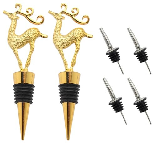 Weinflaschenverschluss 2 Stück,Weinverschluss für Weihnachten Hirsch Designs mit 4 Stück Flaschenausgießer,Sektflaschenverschluss & Ausgießer Set,Zinklegierung Weinstopfen Flaschenverschluss
