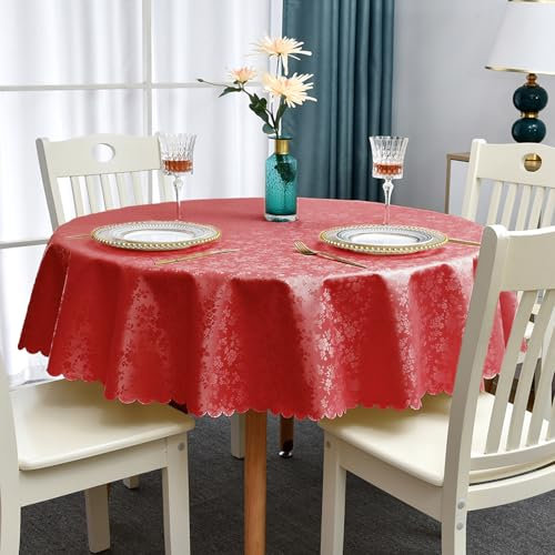 Romanstile rote Wachstuchtischdecke Weihnachts Tischdecke rund 160 abwaschbar 350GSM Plastischdecke hochwertig,wasserdicht Outdoor wetterfest für Christmas,Neujahr,Weihnachten,Garten,Esstisch,Draußen