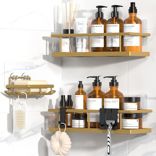 YASONIC Lot de 3 étagères de douche sans perçage - Étagère de salle de bain sans perçage - Support de shampooing pour douche - En acier inoxydable - Avec 8 crochets - Doré