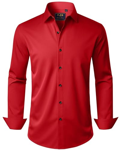 J.VER Camisas de vestir para hombre, elásticas, de manga larga, formal, sólidas, para negocios, casual, con botones, para boda y graduación, Rojo, Small