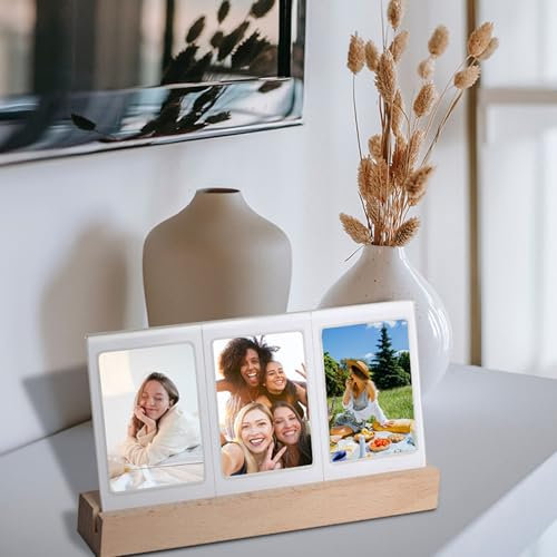 Illuminated LED Frame with Wooden Stand, 3 Openings Personalized Acrylic Glass Picture with Photo Frame Table Frames for 7.6 Cm Large Photos