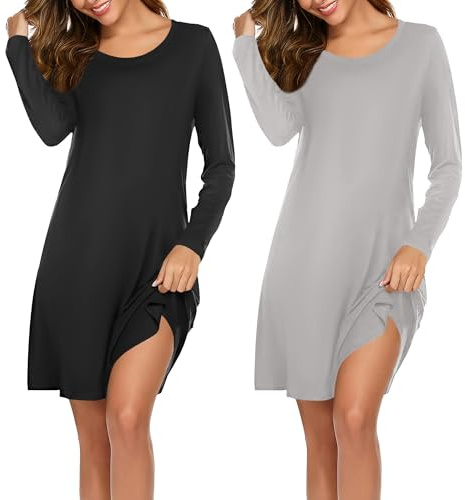 Ekouaer 2 Pack Nightgown for Women UK Nighties Long Sleeve Nightshirt Soft Nightdresses Solid/Printed Sleepwear Black+Grey M