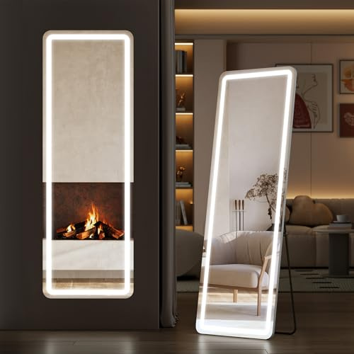 Sweetcrispy Full Length Mirror with LED Lights, 61x17 Lighted Floor Mirror with Dimming & 3 Color Lighting, Stand for Bedroom, Dressing Room