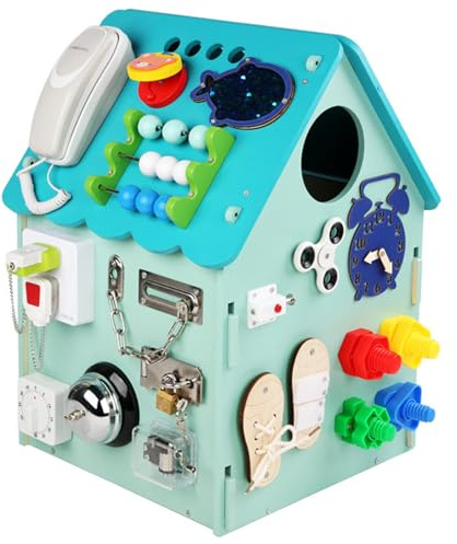 Busy House, Wooden Busy Board Toy for Toddlers with Interior Storage Space Music Box Switch Sorter Gears Clock, Life Skills and Fine Motor Skill Learning Best Gifts for 3+ Year Old B Blue (telephone)