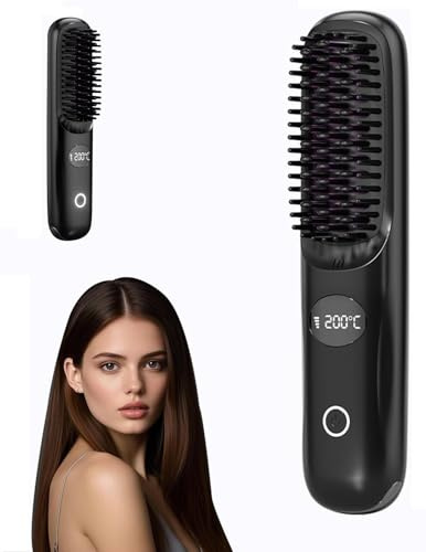 Cepillo Alisador Pelo Inalámbrico, Mini Cepillo Alisador de Pelo Inalámbrico Plancha Portátil Iones Negativos Calentamiento Rápido 3 Niveles de Temperatura Diseño Antiquemaduras