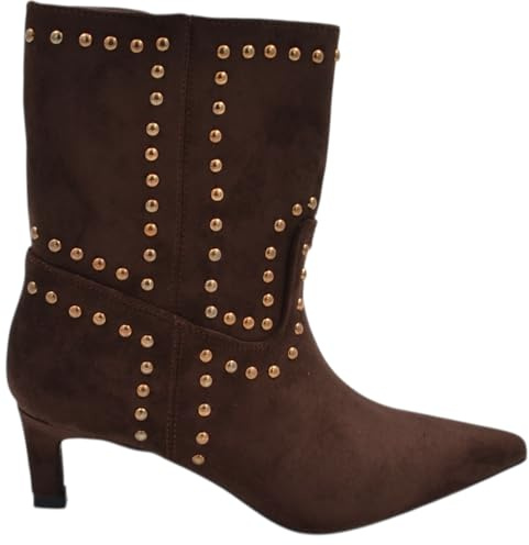 Malu Shoes Stivaletto Tronchetto Donna a Punta camoscio Marrone con Borchie Oro tonde Tacco Kitten 3 cm Zip (39 EU)