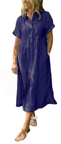 Striped Lapel Button Down Shirt Dress with Functional Pockets, A-Line Boho Dress for Women, Classic Striped Dresses