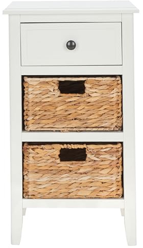 SAFAVIEH Home Collection – Everly Vintage White 3-Drawer Side Table with Woven Basket Storage, Fully Assembled Coastal Cottage Accent Table (AMH5743B)