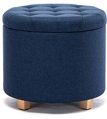 HNNHOME 45cm Round Linen Padded Seat Ottoman Storage Stool Box, Footstool Pouffes Chair with Lids (Navy)