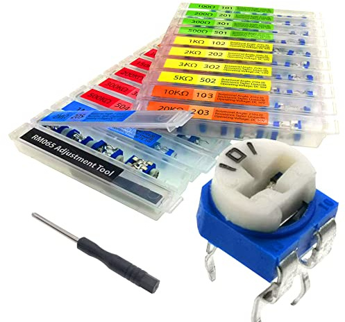 EEEEE 19 Values 152 pcs 100 Ohm- 2M Ohm Variable Resistor 6mm RM065 Potentiometer kit Assortment Kit Individual Compartment with Adjustment Tool