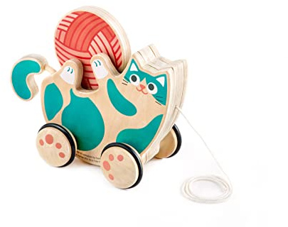 Hape Wooden Walk-A-Long Kitten Pull Toy| Roll & Rattle Push Pull Toy for Toddler| Montessori Toys for Walking Toddlers, Green