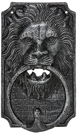 Relaxdays Batacchio per Porta, con Testa di Leone, Battente in Ghisa per Portone, Vintage, 19,5 x 12 x 6 cm, Argento