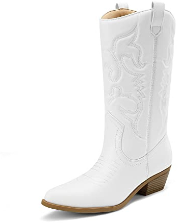 DREAM PAIRS Women's Cowboy Cowgirl Western Mid Calf Boots | 3.5cm elevated heel, round toe, soft lining, 25 cm high shaft delivers stability and support, pull-on tabs