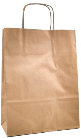 RAYLU PAPER® -Pack de 25 Bolsas de papel Kraft de colores con asas resistentes, bolsas de papel 100% reciclables para la compra, chuches o regalos. Color Marrón Kraft, Grandes (35x14x44 cm)