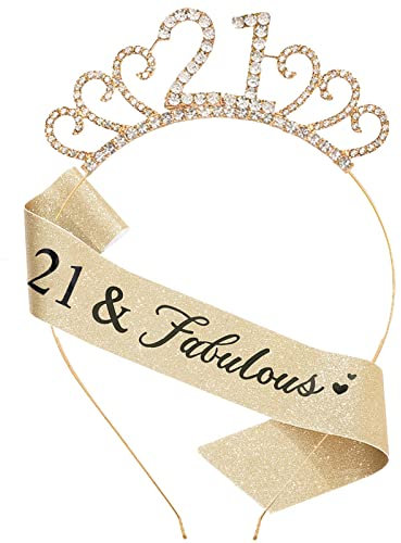MIOSJI 21st Birthday Sash and Crystal Tiara Crown for Decorations, Gifts for Her Party Accessories Gold