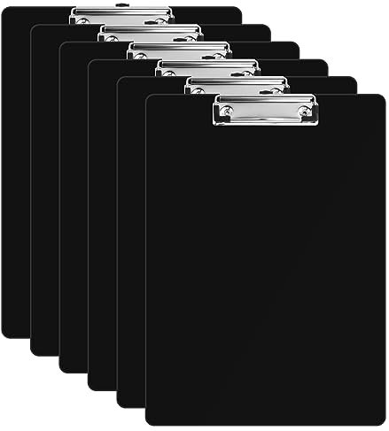 6 Pz Portapapeles A4, Porta-Bloc Carpeta A4, Tablero de Plástico con Clip Metálico Engomado, Tablero con Orificio para Colgar, Portapapeles para Oficina, Cocina y Escuela (Negro)