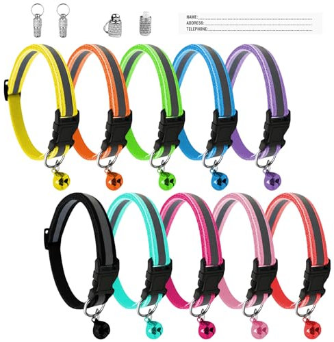 Magrimaxio 10 Stück Katzenhalsband mit Namen, Einstellbar 19-32 cm Halsband Katze Halsbänder, Katzenhalsband mit Sicherheitsverschluss und Glocke, Halsband Katze Personalisiert Reflektierend