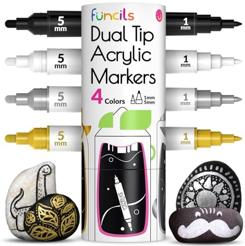 Funcils 4 bolígrafos de pintura acrílica de doble punta, punta fina y media, permanente e impermeable, marcadores de pintura acrílica para pintura de roca, lienzo, madera, cerámica, vidrio, tela,
