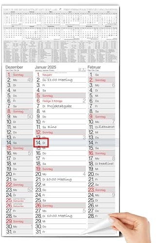 TOBJA 3 Monatskalender 2026 Wandkalender mit Schieber - Nebeneinanderliegende Monate Kalender 2026 Wandkalender | Platz für Termine, Geburtstage & Urlaube | Großformat 30x59 cm (gefalzt!)