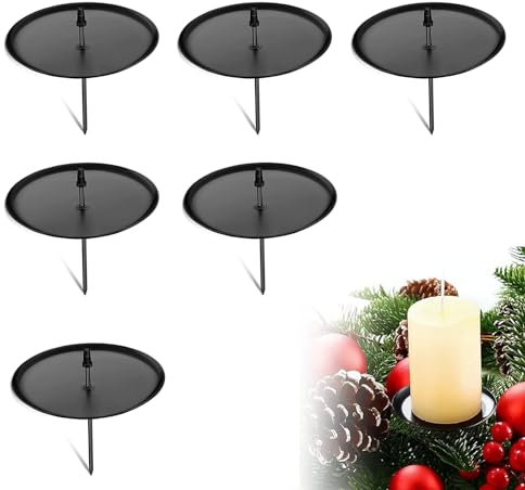 Scentoria 6 Stück Adventskranz Kerzenhalter, Ø 6 cm, Schwarz, Mit Dorn für Stumpenkerzen - Deko für Weihnachten (Metall)