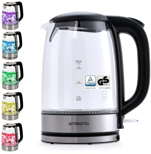 Ambiano Wasserkocher Glas TÜV/GS-Zeichen 1,7L Edelstahl mit LED-Beleuchtung im Farbwechsel, Glaswasserkocher max. 2.200 Watt, herausnehmbarer Kalkfilter (Transparent)