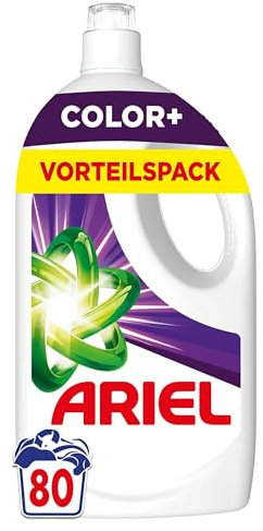 Ariel Flüssigwaschmittel, 80 Waschladungen Color+ Waschmittel, Kraftvolle Fleckenentfernung in nur 1 Waschgang, selbst bei Kaltwaschzyklen