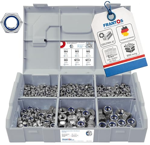 FRANTOS L-BOXX Mini DIN 985 Sicherungsmuttern Sortiment, M4 bis M12 605 tlg. (Edelstahl A2) - selbstsicherende Sechskant Muttern Stoppmuttern Set