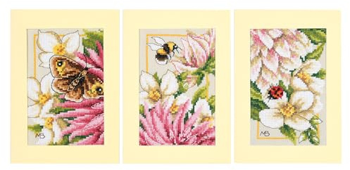 LANARTE räknade korsstygn, broderipaket, gratulationskort för egen design, rosa DAHLIE set om 3 gör-det-själv vykort, vuxna, broderi, hantverk, ca 10,5 x 15 cm broderiset för nybörjare kreativ present
