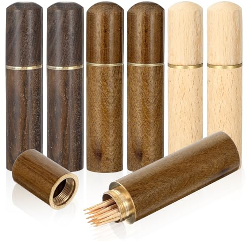 Josojoou 6PCS Portable Wooden Toothpick Holder, Multi-function Toothpick Dispenser, Mini Tooth pick Case for Storing Needles, Toothpicks, Pills, Ear Picks, Cotton Swabs and Other Small Items
