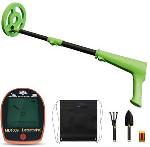 XMTECH Barn metalldetektor grön, justerbar skattsökare med vattentät 16,5 cm sökspole, LCD-skärm, signal, inklusive spade och bärväska, metalldetektor för barn och vuxna