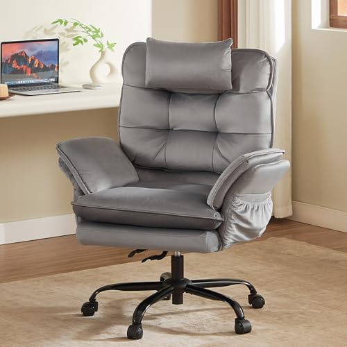 Bestier Criss Cross Chair with Flip-Up Armrests and Headrest, 135° Reclining Swivel Executive Chair with Side Pockets, Big and Tall Computer Desk Chair for Home Office Bedroom, Grey Velvet